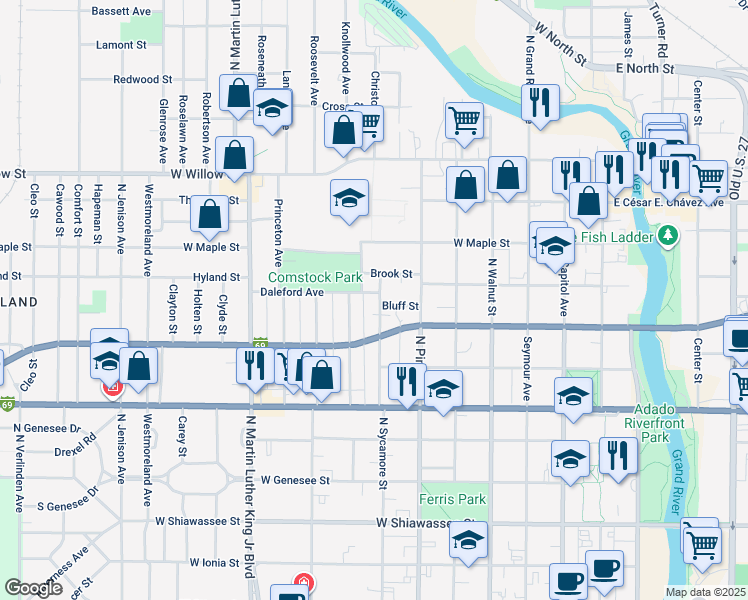 map of restaurants, bars, coffee shops, grocery stores, and more near 914 Wisconsin Avenue in Lansing