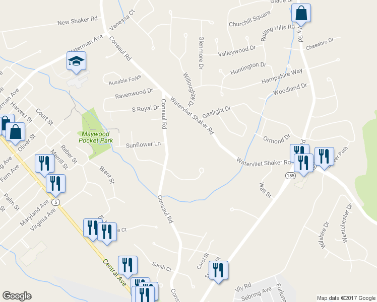 map of restaurants, bars, coffee shops, grocery stores, and more near 143 Consaul Road in Albany