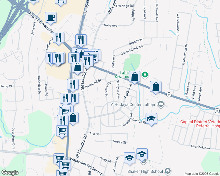 map of restaurants, bars, coffee shops, grocery stores, and more near 29 Hillcrest Road in Latham