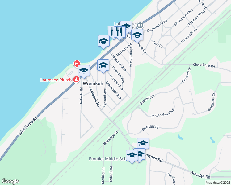 map of restaurants, bars, coffee shops, grocery stores, and more near Greenfield Avenue in Wanakah