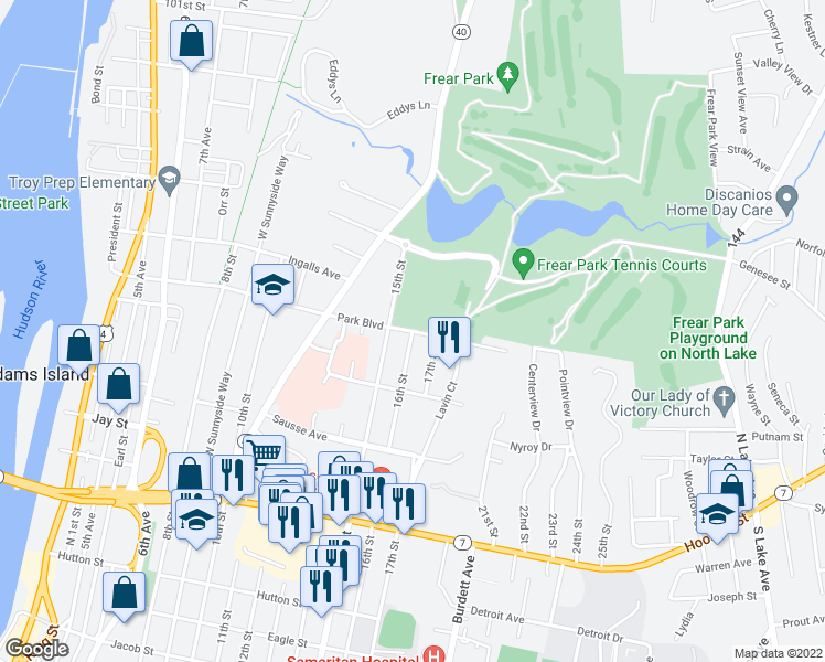 map of restaurants, bars, coffee shops, grocery stores, and more near 16th Street in Troy