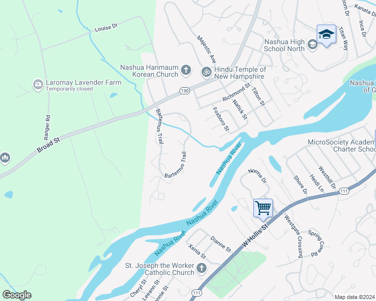 map of restaurants, bars, coffee shops, grocery stores, and more near 97 Bartemus Trail in Nashua