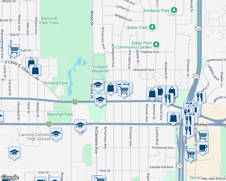map of restaurants, bars, coffee shops, grocery stores, and more near 936 North Fairview Avenue in Lansing