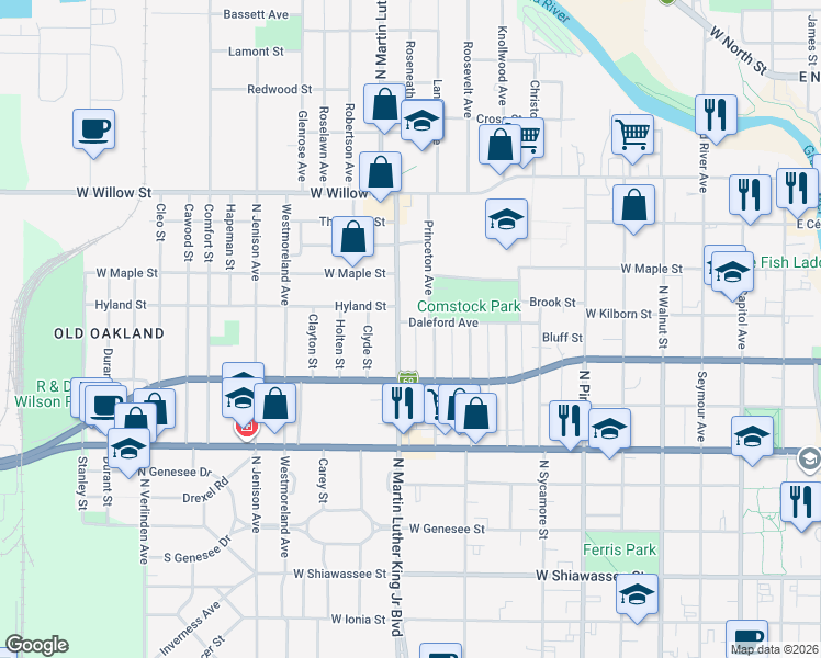 map of restaurants, bars, coffee shops, grocery stores, and more near 908 North Martin Luther King Junior Boulevard in Lansing