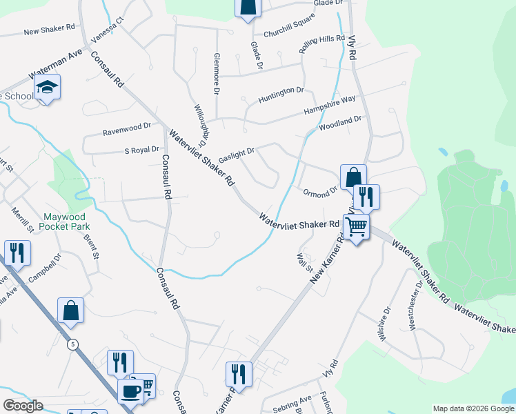 map of restaurants, bars, coffee shops, grocery stores, and more near 1070 Wvlt Shaker Road in Albany