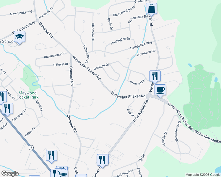 map of restaurants, bars, coffee shops, grocery stores, and more near 1070 Wvlt Shaker Road in Albany