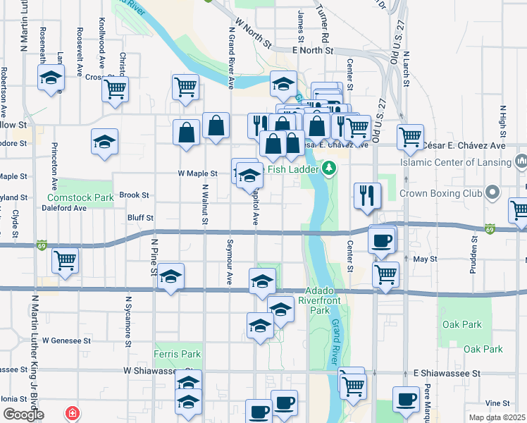 map of restaurants, bars, coffee shops, grocery stores, and more near 914 North Capitol Avenue in Lansing