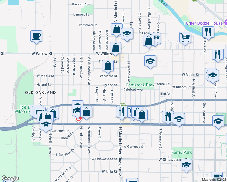 map of restaurants, bars, coffee shops, grocery stores, and more near 907 Clyde Street in Lansing