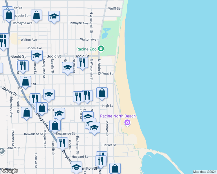 map of restaurants, bars, coffee shops, grocery stores, and more near 1818 Michigan Boulevard in Racine