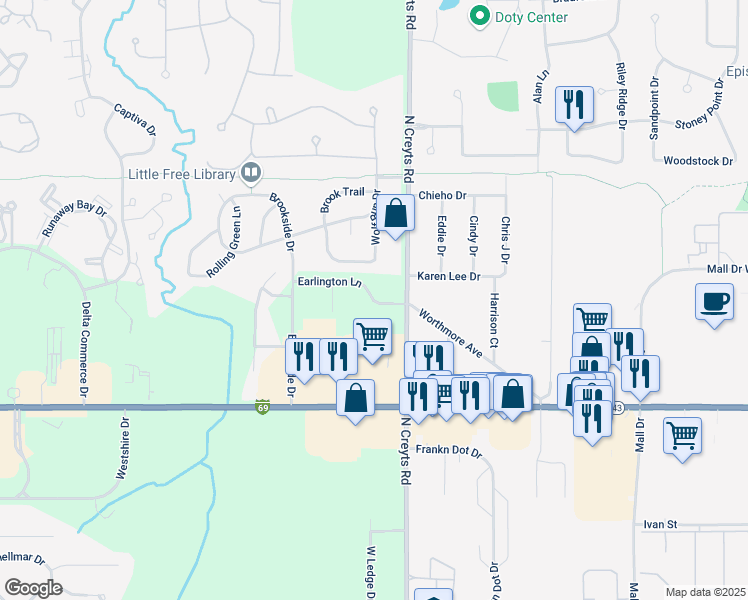 map of restaurants, bars, coffee shops, grocery stores, and more near Earlington Lane in Lansing