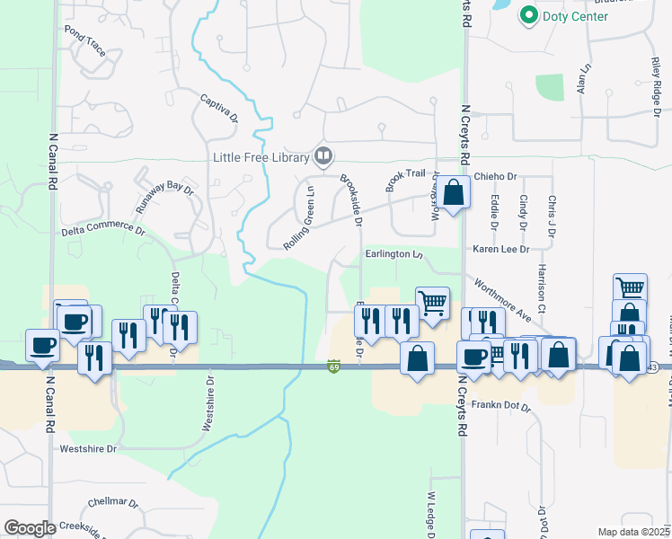 map of restaurants, bars, coffee shops, grocery stores, and more near 1018 Brookside Drive in Lansing