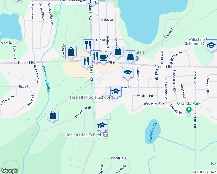 map of restaurants, bars, coffee shops, grocery stores, and more near 1590 Franklin Street in Meridian charter Township