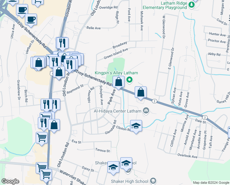 map of restaurants, bars, coffee shops, grocery stores, and more near 17 Park Avenue in Latham