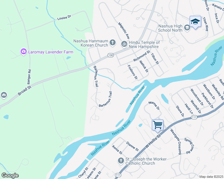 map of restaurants, bars, coffee shops, grocery stores, and more near 97 Bartemus Trail in Nashua