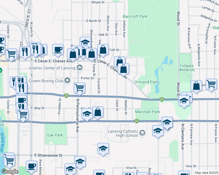 map of restaurants, bars, coffee shops, grocery stores, and more near 913 Clark Street in Lansing