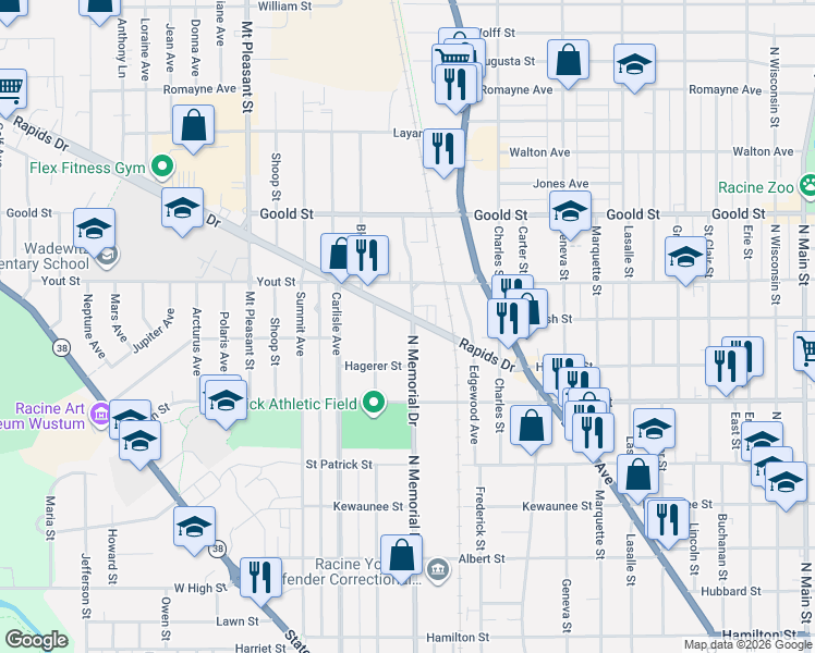 map of restaurants, bars, coffee shops, grocery stores, and more near 1819 Blake Avenue in Racine