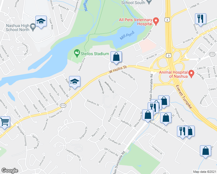 map of restaurants, bars, coffee shops, grocery stores, and more near 4 Esquire Circle in Nashua