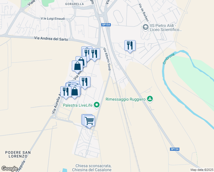 map of restaurants, bars, coffee shops, grocery stores, and more near 29 Via Silvana Mangano in Provincia di Grosseto