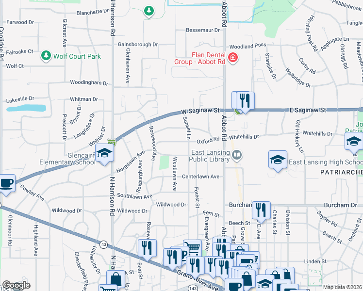 map of restaurants, bars, coffee shops, grocery stores, and more near 314 Northlawn Avenue in East Lansing