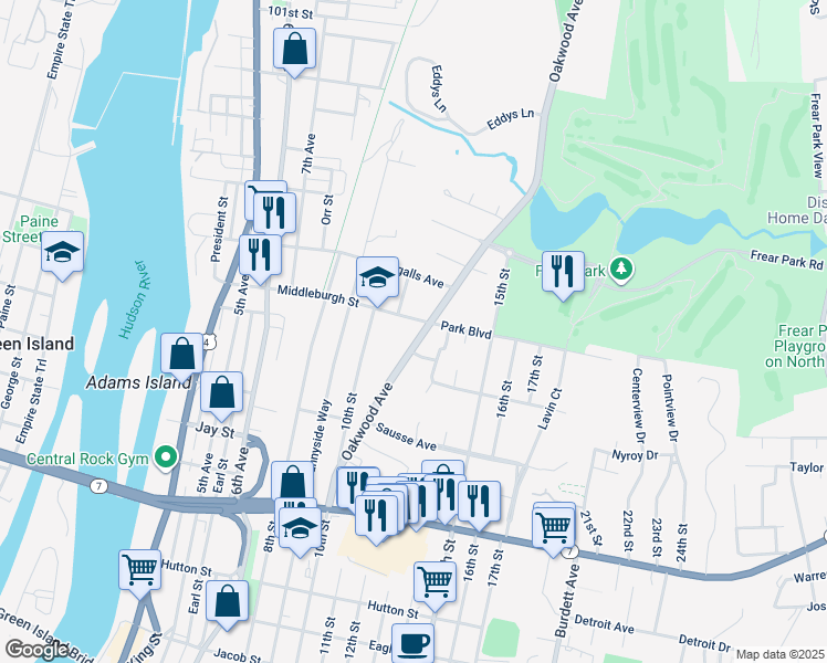map of restaurants, bars, coffee shops, grocery stores, and more near 86 Oakwood Avenue in Troy