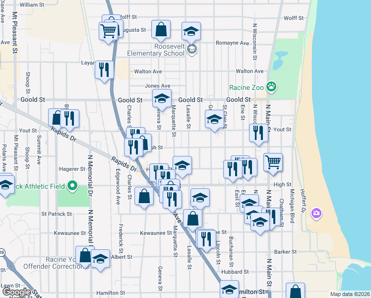 map of restaurants, bars, coffee shops, grocery stores, and more near 1003 English Street in Racine