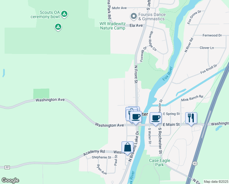 map of restaurants, bars, coffee shops, grocery stores, and more near 404 Wade Street in Waterford