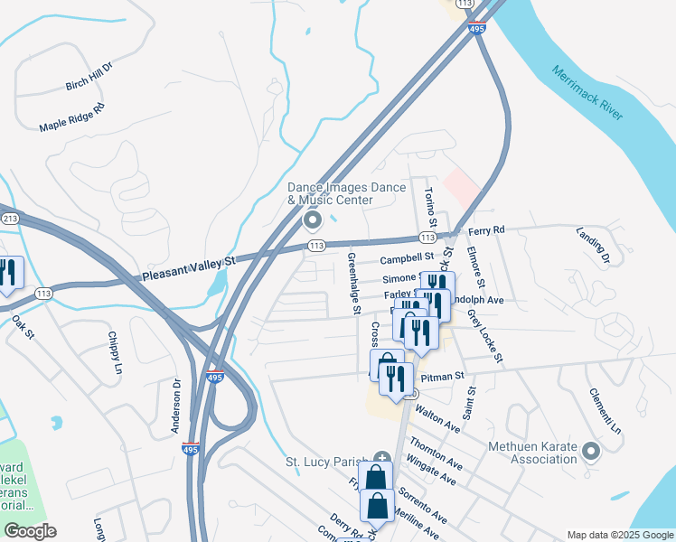 map of restaurants, bars, coffee shops, grocery stores, and more near 41 Constitution Way in Methuen