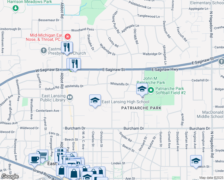 map of restaurants, bars, coffee shops, grocery stores, and more near 509 Burcham Drive in East Lansing