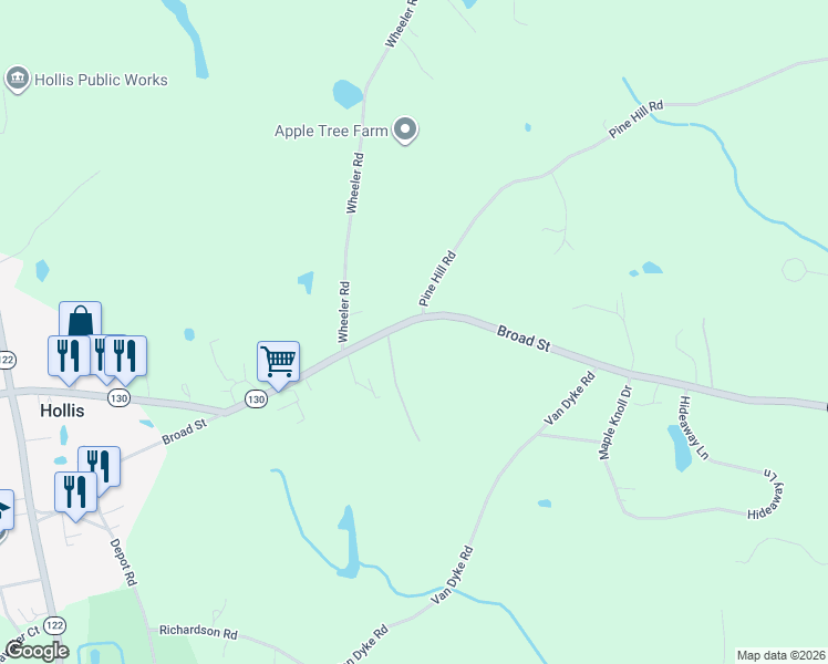 map of restaurants, bars, coffee shops, grocery stores, and more near 4 Pine Hill Road in Hollis