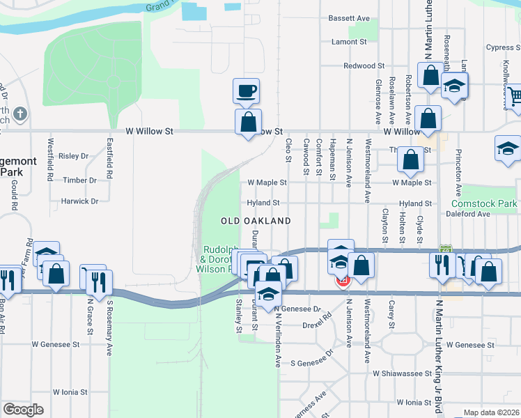 map of restaurants, bars, coffee shops, grocery stores, and more near 1014 North Verlinden Avenue in Lansing