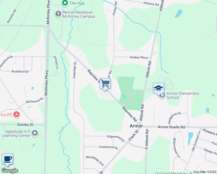 map of restaurants, bars, coffee shops, grocery stores, and more near 5189 Parker Road in Hamburg
