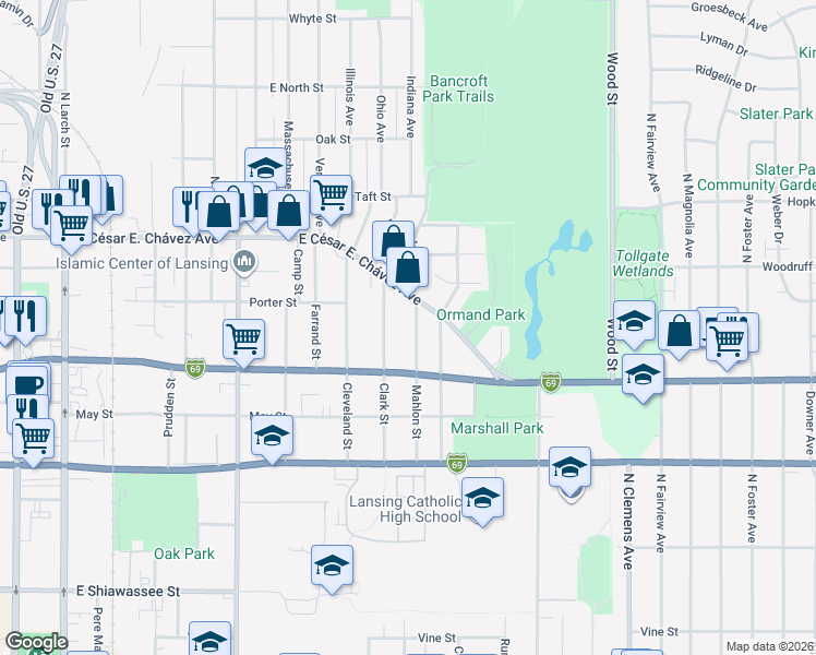 map of restaurants, bars, coffee shops, grocery stores, and more near 1422 East Grand River Road in Lansing
