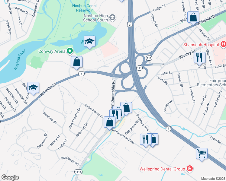 map of restaurants, bars, coffee shops, grocery stores, and more near 241 Main Dunstable Road in Nashua