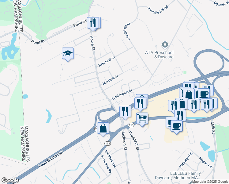 map of restaurants, bars, coffee shops, grocery stores, and more near 21 Rossi Street in Methuen