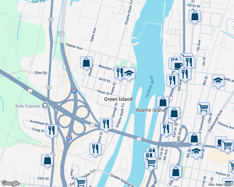 map of restaurants, bars, coffee shops, grocery stores, and more near 156 Paine Street in Green Island