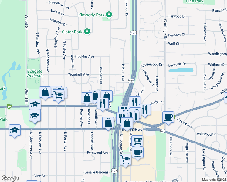 map of restaurants, bars, coffee shops, grocery stores, and more near 1035 Chester Road in Lansing