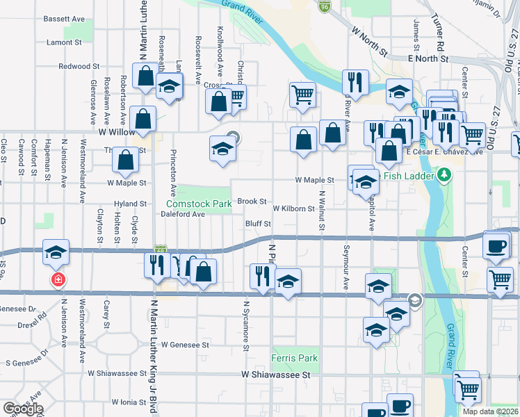 map of restaurants, bars, coffee shops, grocery stores, and more near 622 Brook Street in Lansing