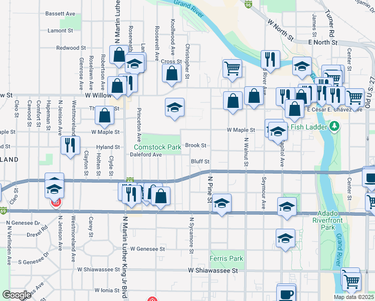map of restaurants, bars, coffee shops, grocery stores, and more near 714 Brook Street in Lansing