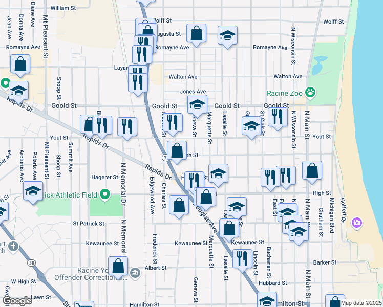 map of restaurants, bars, coffee shops, grocery stores, and more near 1211 Yout Street in Racine