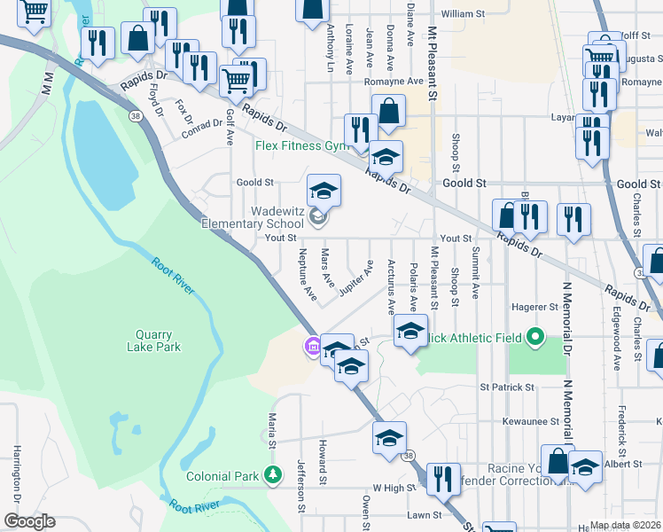 map of restaurants, bars, coffee shops, grocery stores, and more near 1944 Saturn Avenue in Racine