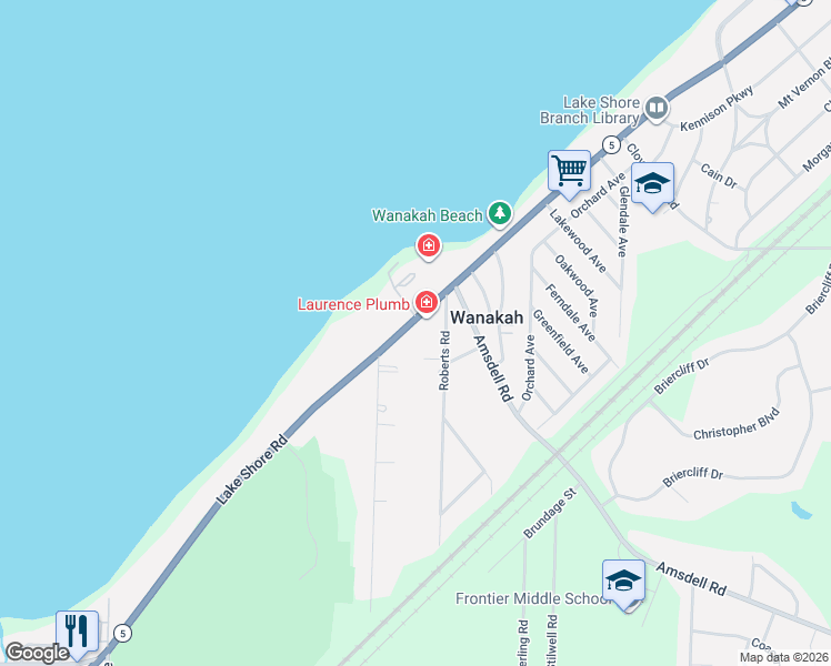 map of restaurants, bars, coffee shops, grocery stores, and more near 5038 Lake Shore Road in Hamburg