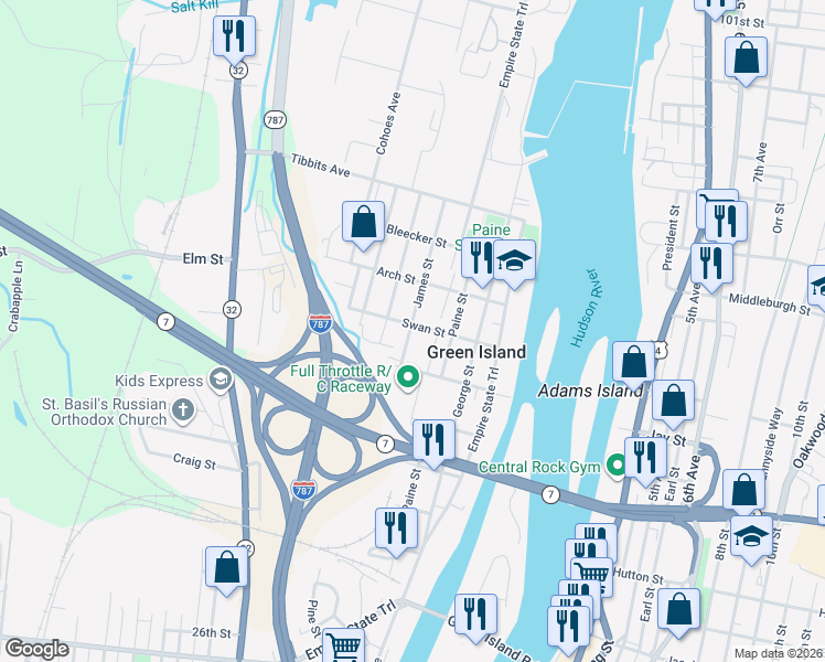 map of restaurants, bars, coffee shops, grocery stores, and more near 40 James Street in Green Island