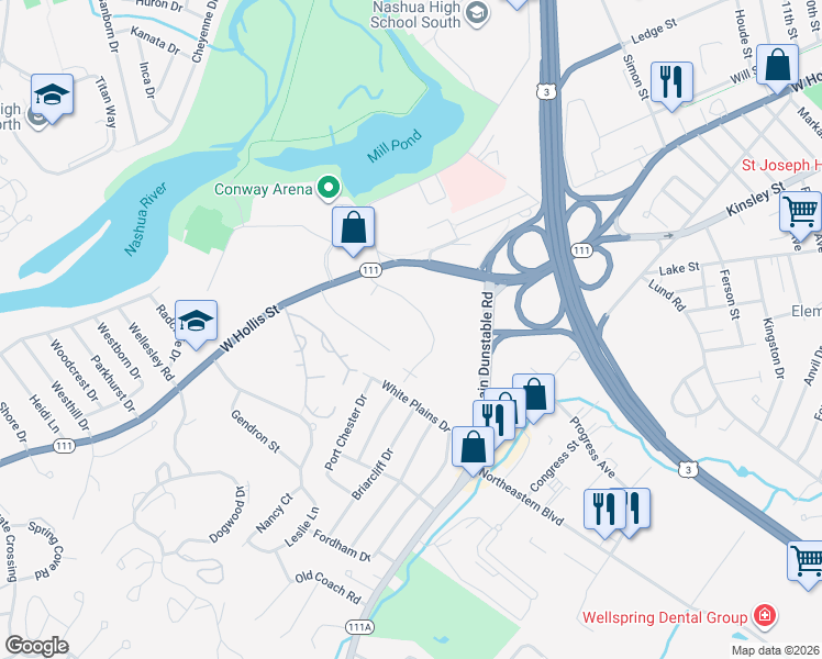 map of restaurants, bars, coffee shops, grocery stores, and more near 19 Hollow Ridge Drive in Nashua