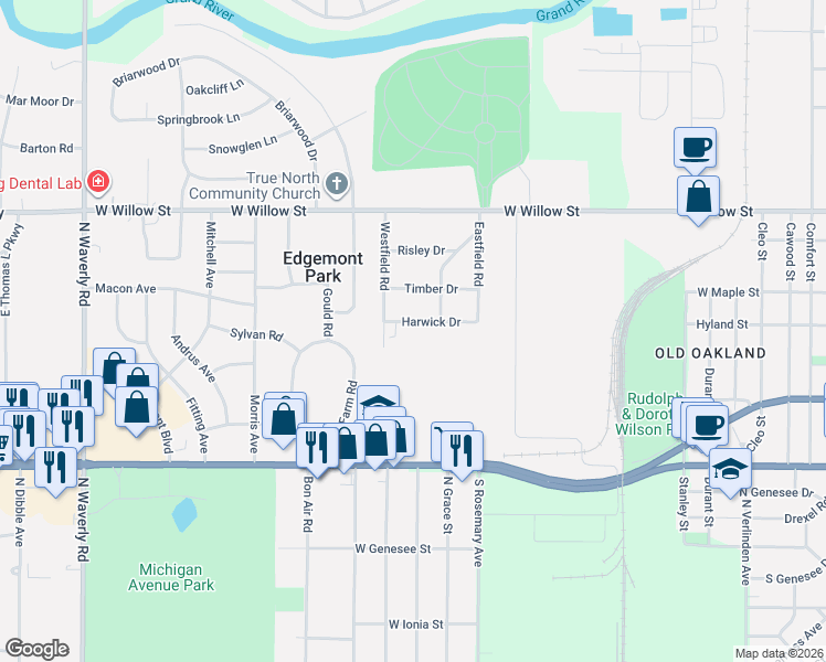 map of restaurants, bars, coffee shops, grocery stores, and more near 1009 Norwood Road in Lansing