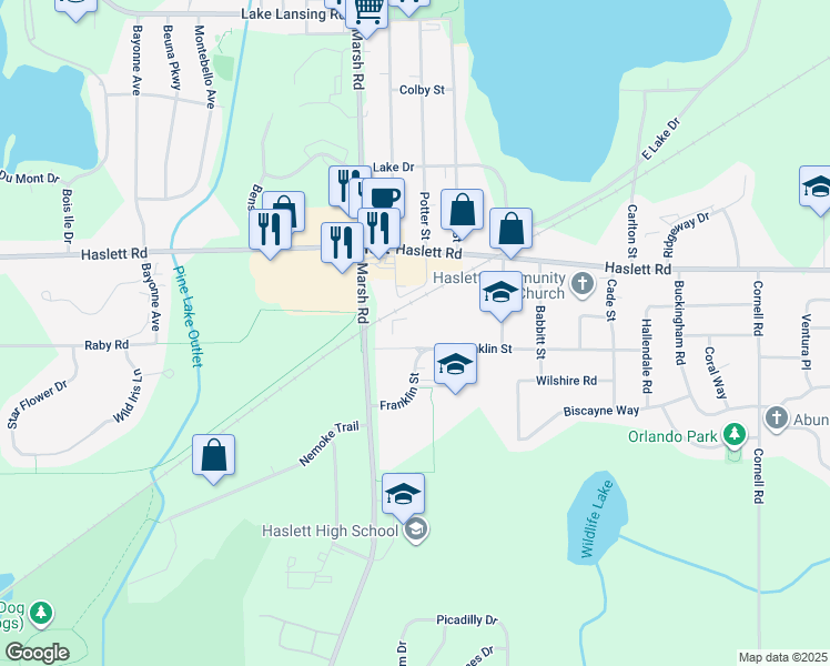 map of restaurants, bars, coffee shops, grocery stores, and more near 1590 Franklin Street in Meridian charter Township