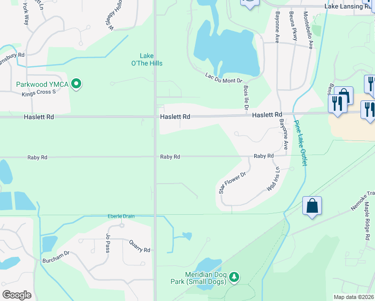 map of restaurants, bars, coffee shops, grocery stores, and more near 2042 Raby Road in Meridian charter Township