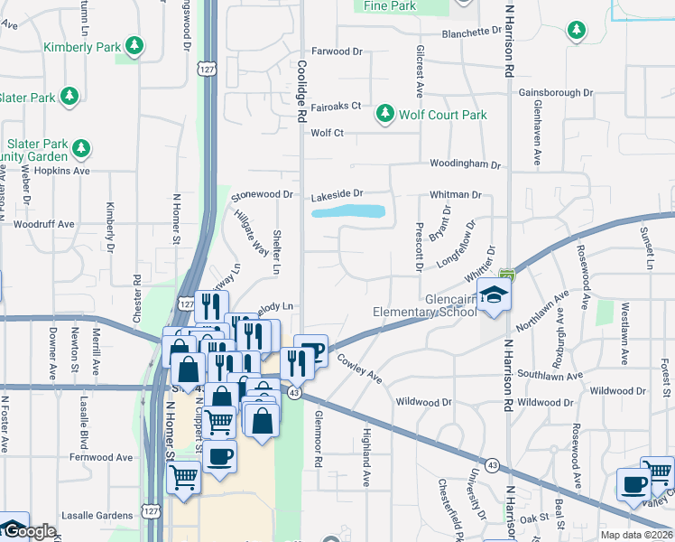 map of restaurants, bars, coffee shops, grocery stores, and more near 1417 Somerset Close in East Lansing