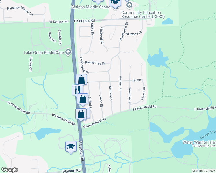 map of restaurants, bars, coffee shops, grocery stores, and more near 2524 Semloh Street in Orion charter Township