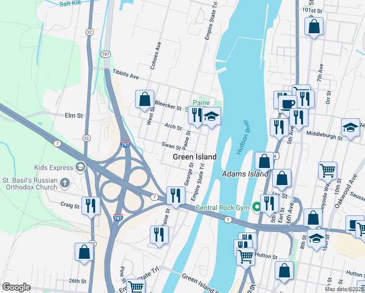 map of restaurants, bars, coffee shops, grocery stores, and more near 156 Paine Street in Green Island