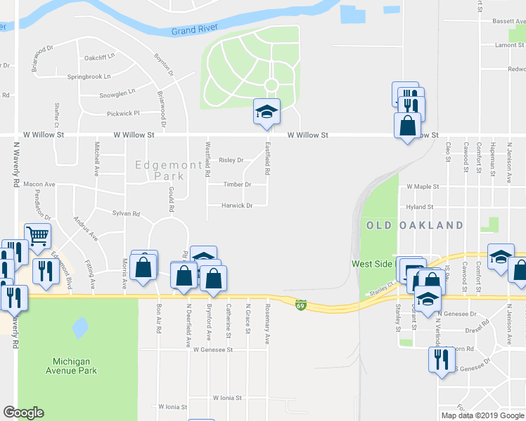 map of restaurants, bars, coffee shops, grocery stores, and more near 1007 Eastfield Road in Lansing
